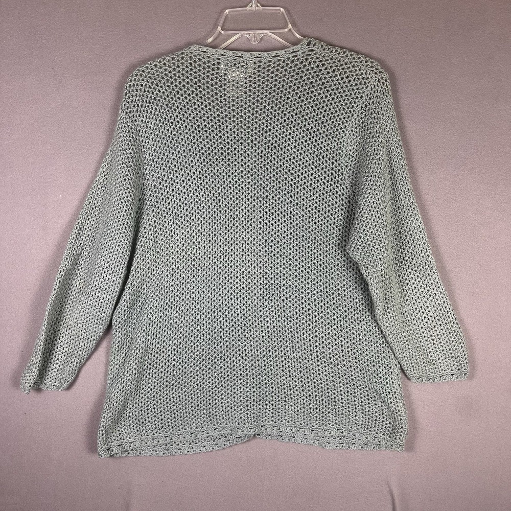 VTG  90s L L‎ Bean Linen Blend Chunky Knit Crochet Cardigan Womens L Blue Button - Picture 2 of 7